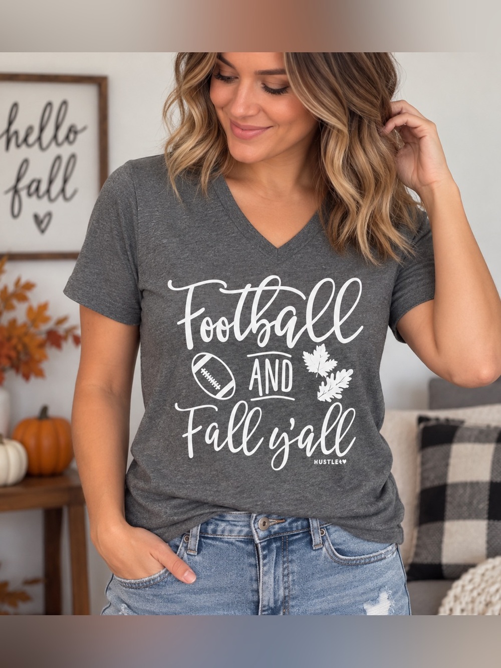 Bella+Canvas Football & Fall Y’all Graphic V-Neck T-Shirt Gray